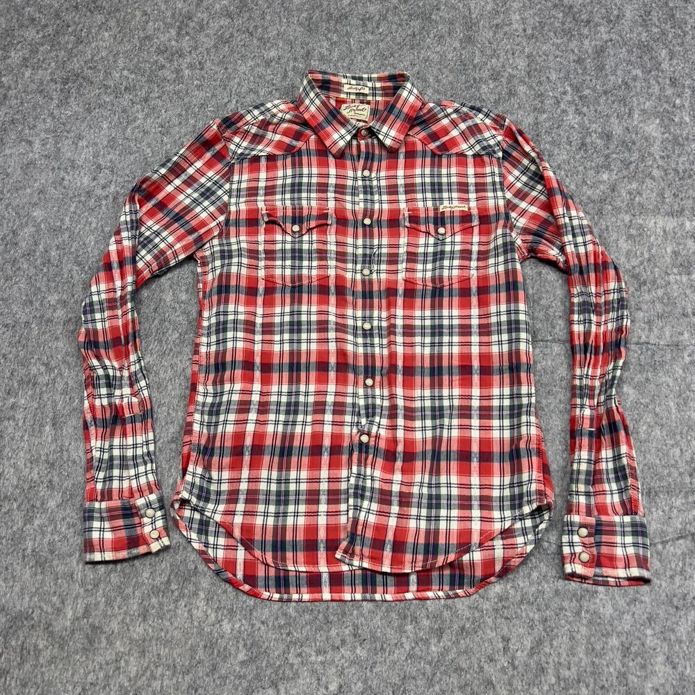 Lucky Brand Shirt Womens S Red Tartan Plaid Button Up Slim Fit Western Casual